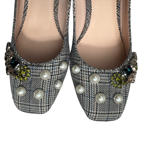 J. Crew Glen Plaid Embellished Block Heel Pumps Pearls Jeweled Square Toe - Picture 9 of 14